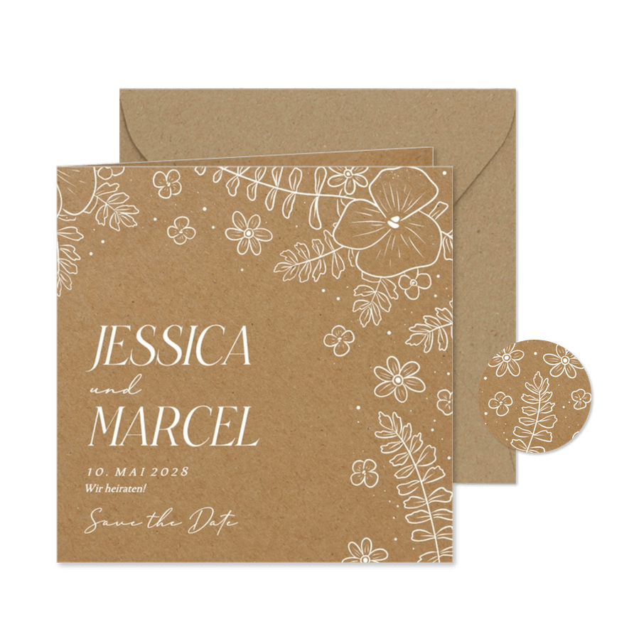 Save-the-Date-Karte Hochzeit weiße Blumen Kraftlook-Papier - Karteneindruck