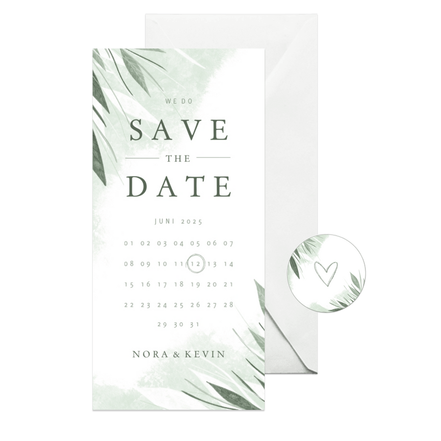 Save-the-Date-Karte Hochzeit zierliche Blätter - Karteneindruck
