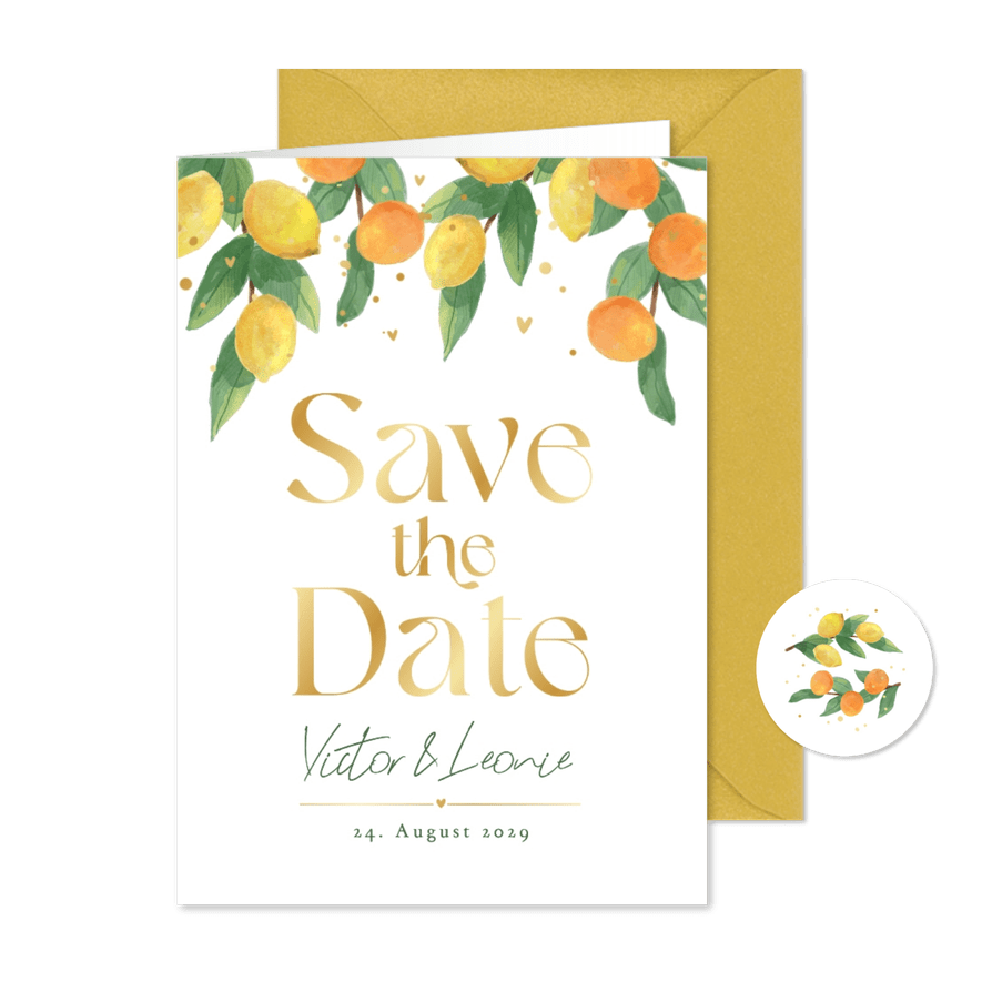 Save-the-Date-Karte Hochzeit Zitrusfrüchte - Karteneindruck