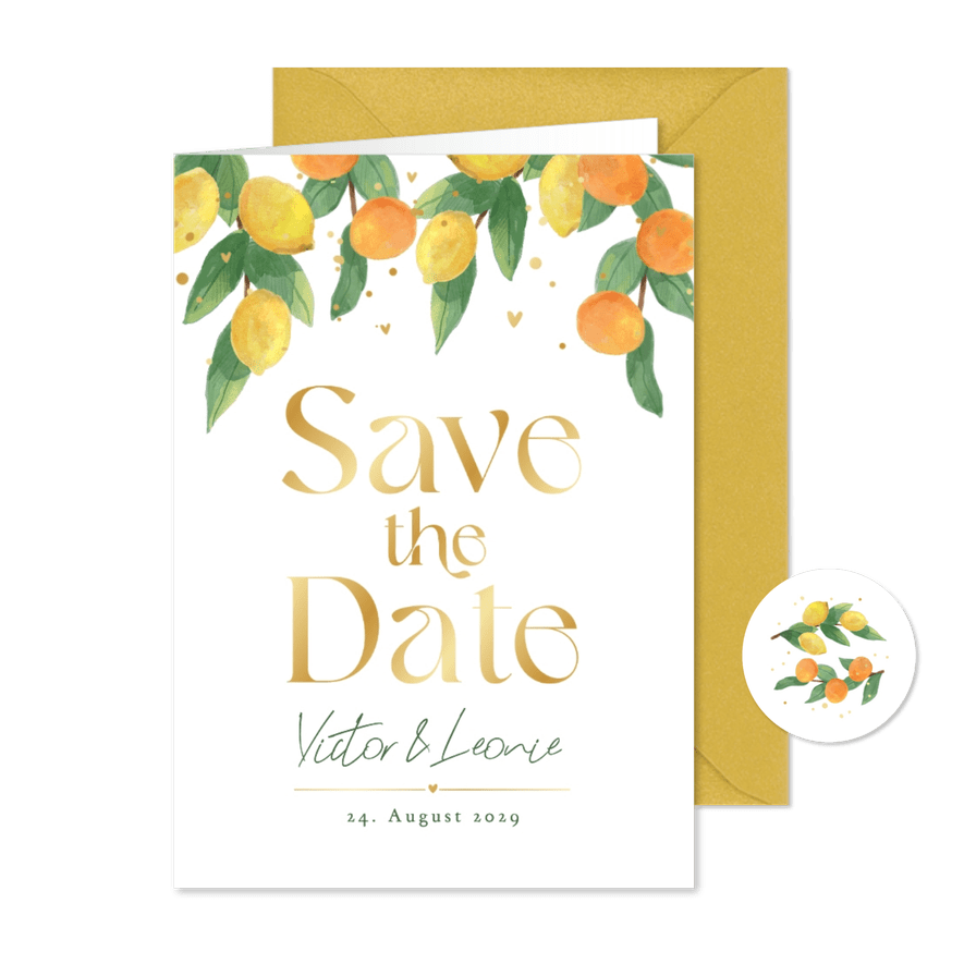 Save-the-Date-Karte Hochzeit Zitrusfrüchte  - Karteneindruck
