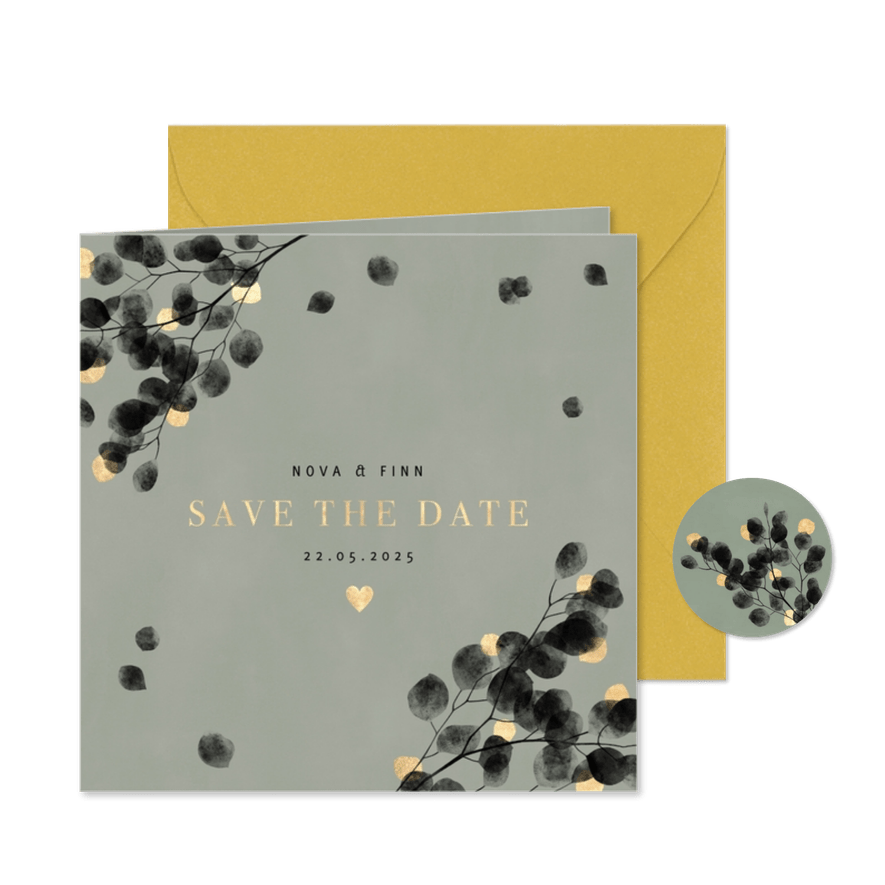 Save-the-Date-Karte Hochzeitsfeier Eukalyptus schwarz - Karteneindruck