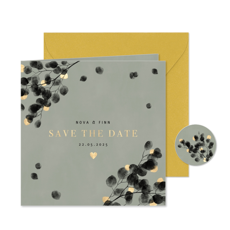 Save-the-Date-Karte Hochzeitsfeier Eukalyptus schwarz - Karteneindruck

