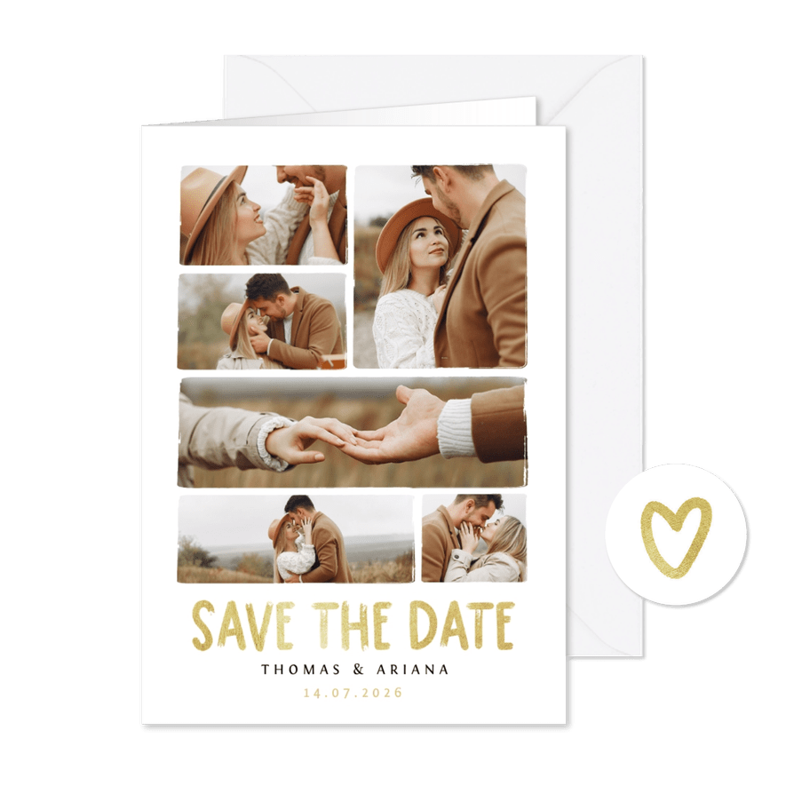 Save-the-Date-Karte Hochzeitsfeier Fotocollage Pinselstrich - Kartenvorschau