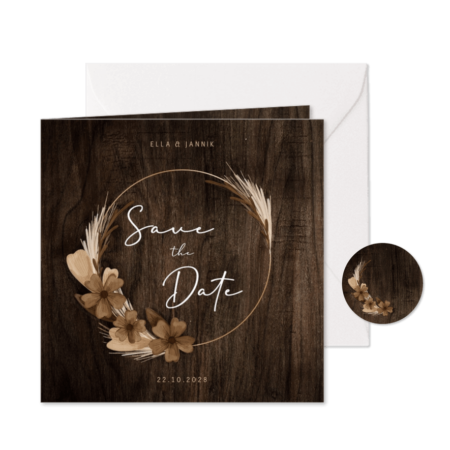 Save-the-Date-Karte Holz mit Trockenblumen - Karteneindruck
