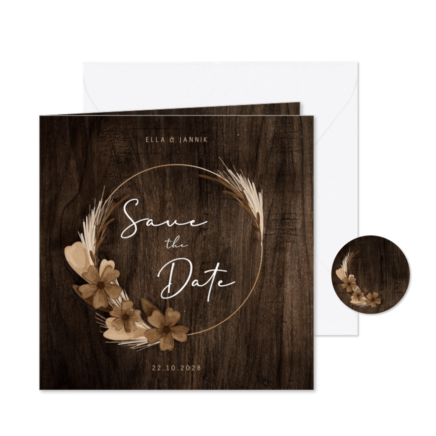 Save-the-Date-Karte Holz mit Trockenblumen - Karteneindruck