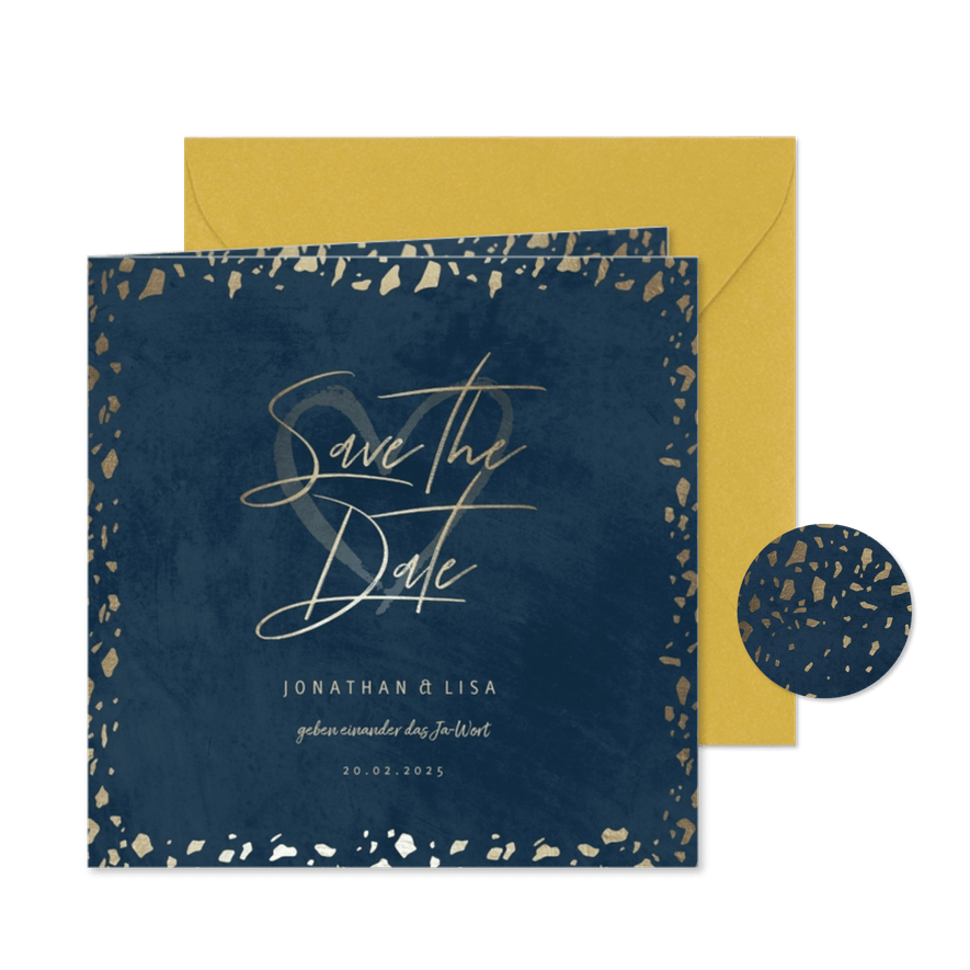 Save-the-Date-Karte in dunkelblau mit Goldschnipseln - Karteneindruck
