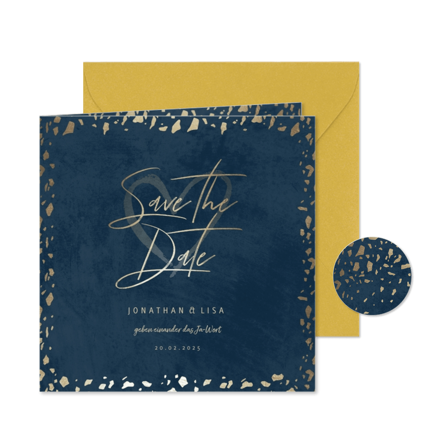 Save-the-Date-Karte in dunkelblau mit Goldschnipseln - Karteneindruck