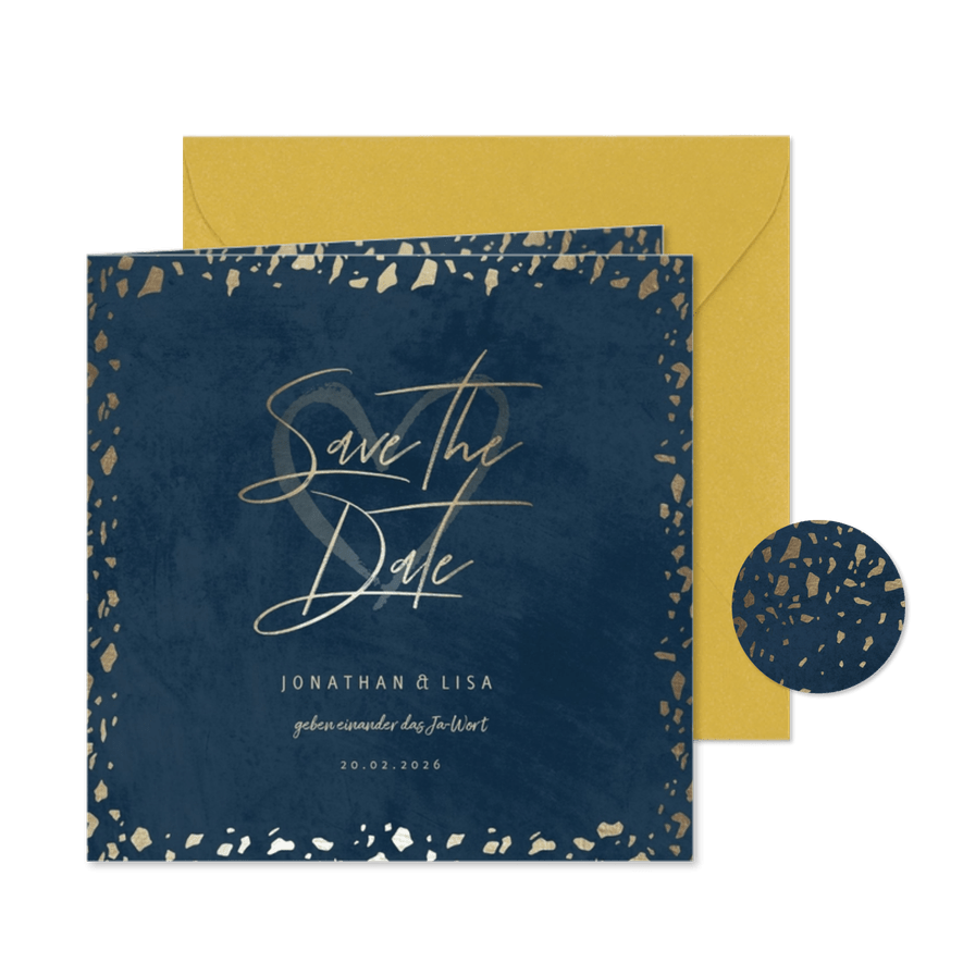 Save-the-Date-Karte in dunkelblau mit Goldschnipseln - Kartenvorschau
