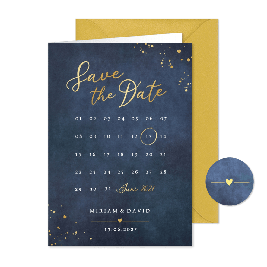 Save-the-Date-Karte Kalender Blau mit Gold - Kartenvorschau