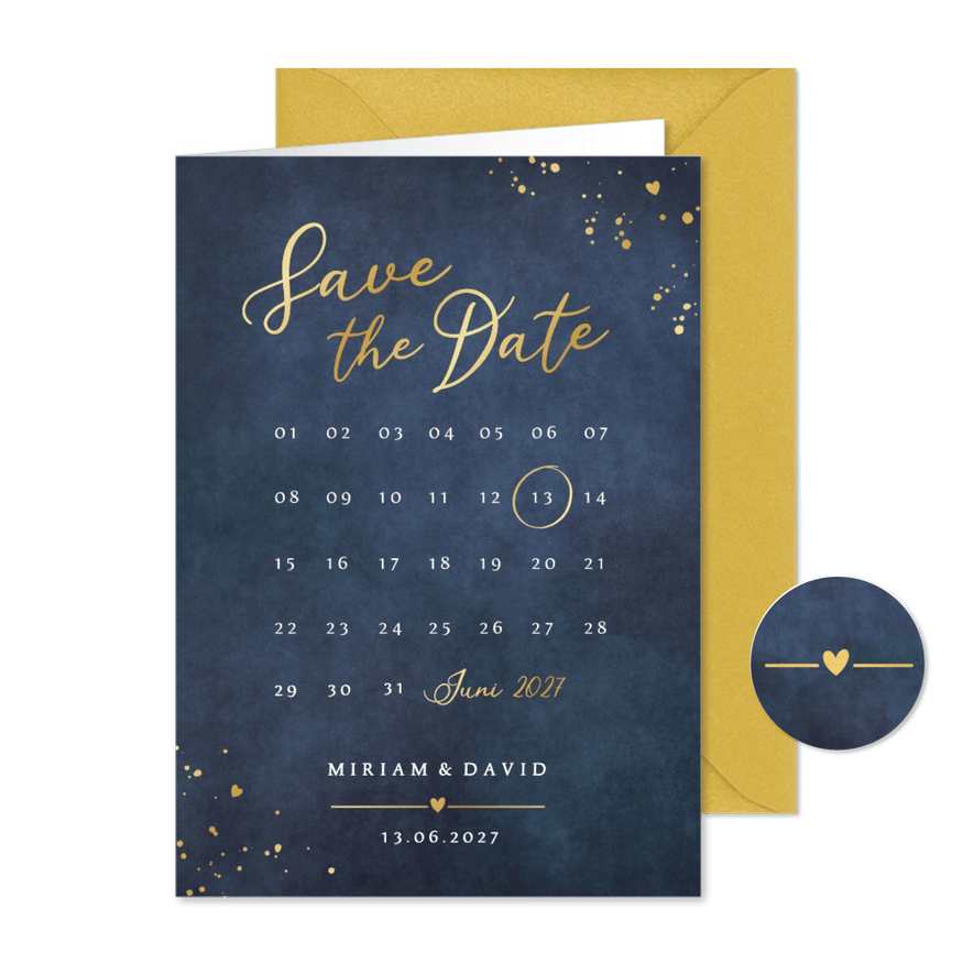 Save-the-Date-Karte Kalender Blau mit Gold - Karteneindruck