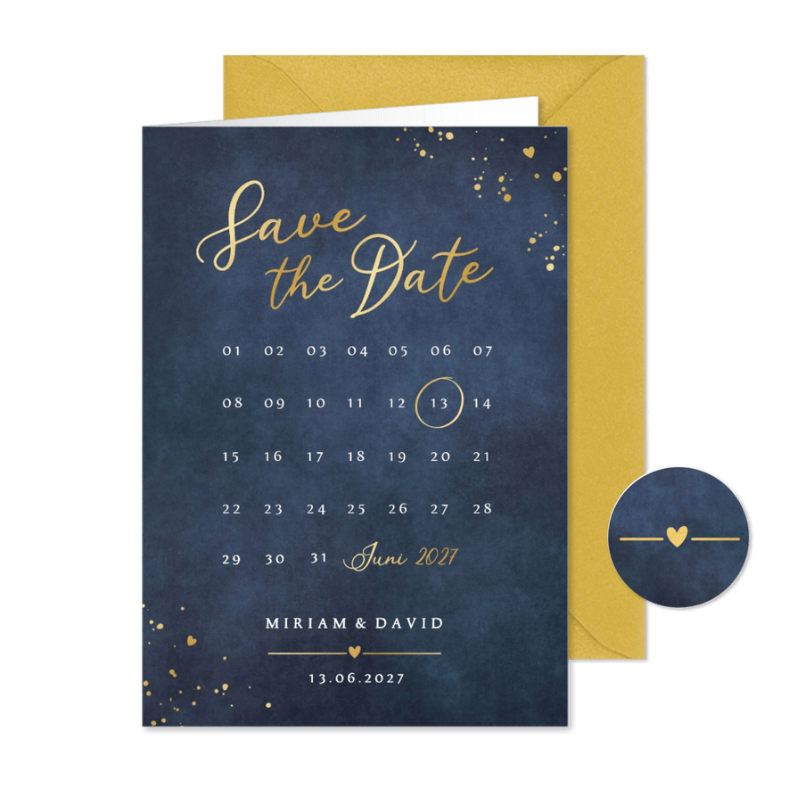 Save-the-Date-Karte Kalender Blau mit Gold - Karteneindruck
