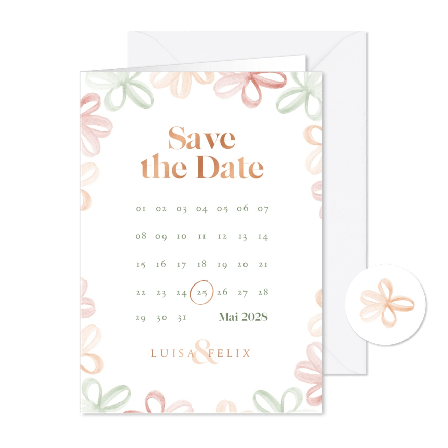 Save-the-Date-Karte Kalender, Frühlingsblumen & Kupferdruck - Karteneindruck
