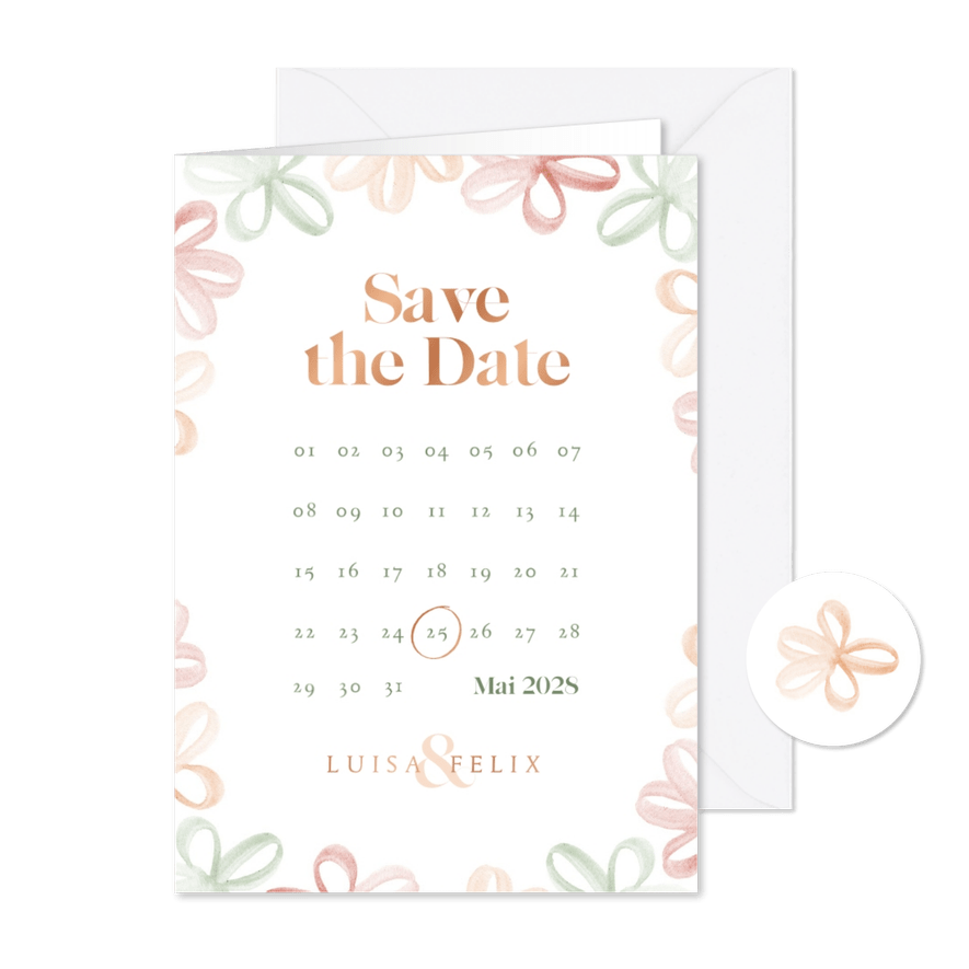 Save-the-Date-Karte Kalender, Frühlingsblumen & Kupferdruck - Kartenvorschau