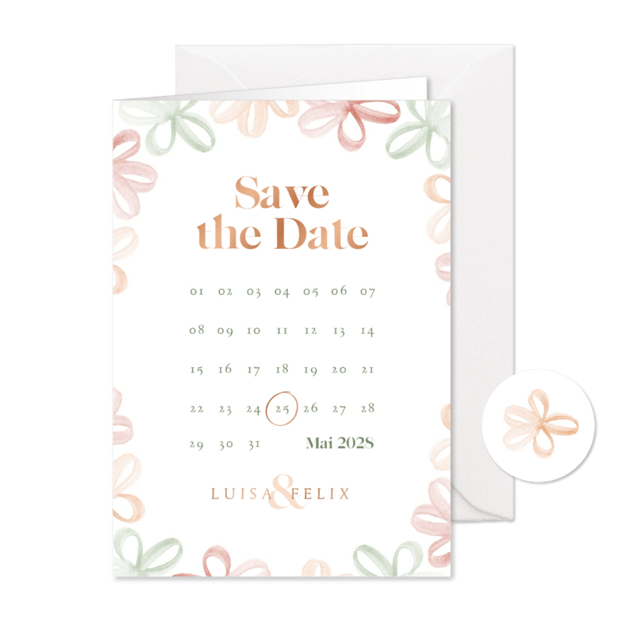 Save-the-Date-Karte Kalender, Frühlingsblumen & Kupferdruck - Karteneindruck
