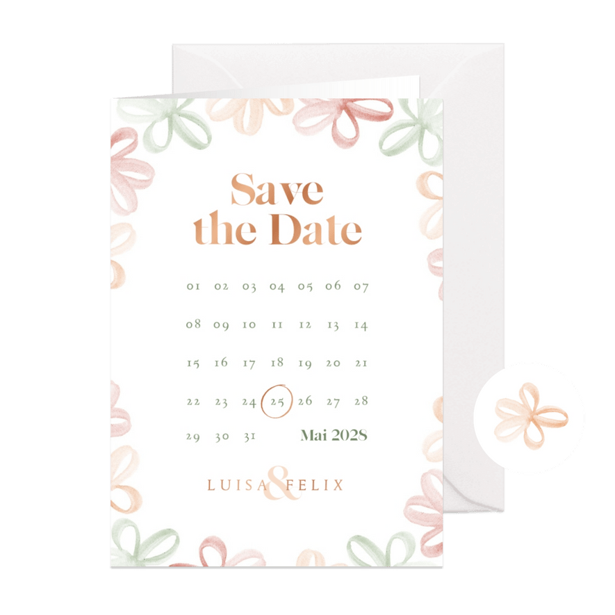 Save-the-Date-Karte Kalender, Frühlingsblumen & Kupferdruck - Karteneindruck
