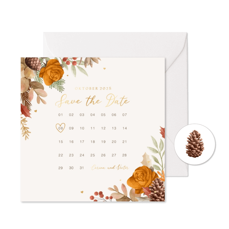 Save-the-Date-Karte Kalender Herbststimmung mit Gold - Karteneindruck
