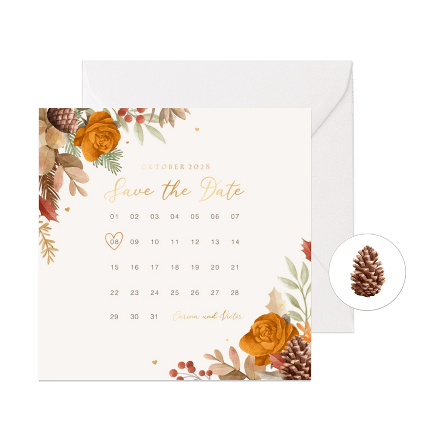 Save-the-Date-Karte Kalender Herbststimmung mit Gold - Karteneindruck
