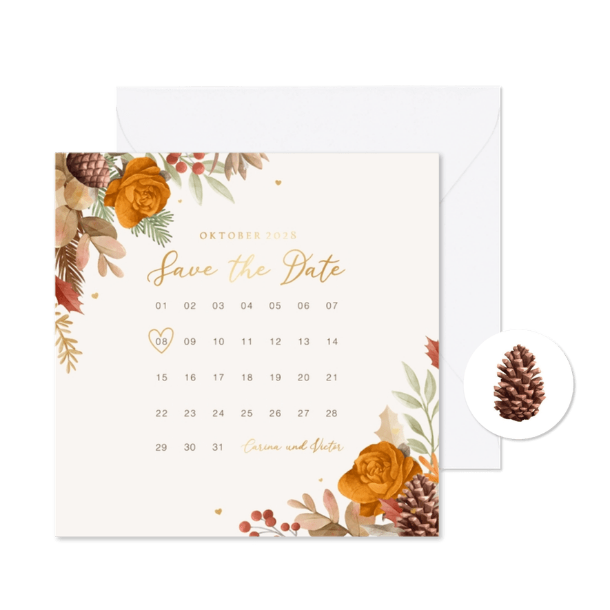 Save-the-Date-Karte Kalender Herbststimmung mit Gold - Karteneindruck