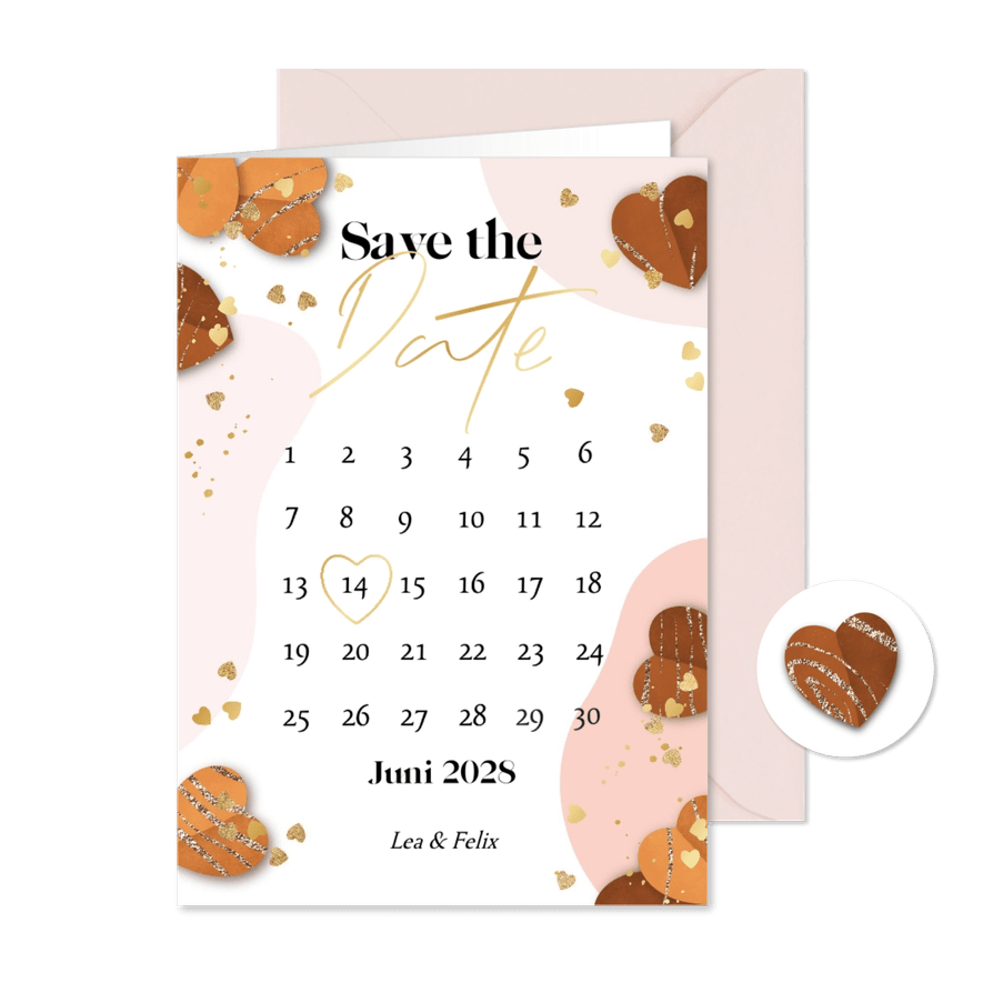 Save-the-Date-Karte Kalender Herzchen Goldstreifen - Karteneindruck