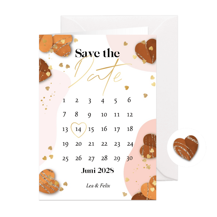 Save-the-Date-Karte Kalender Herzchen Goldstreifen - Karteneindruck
