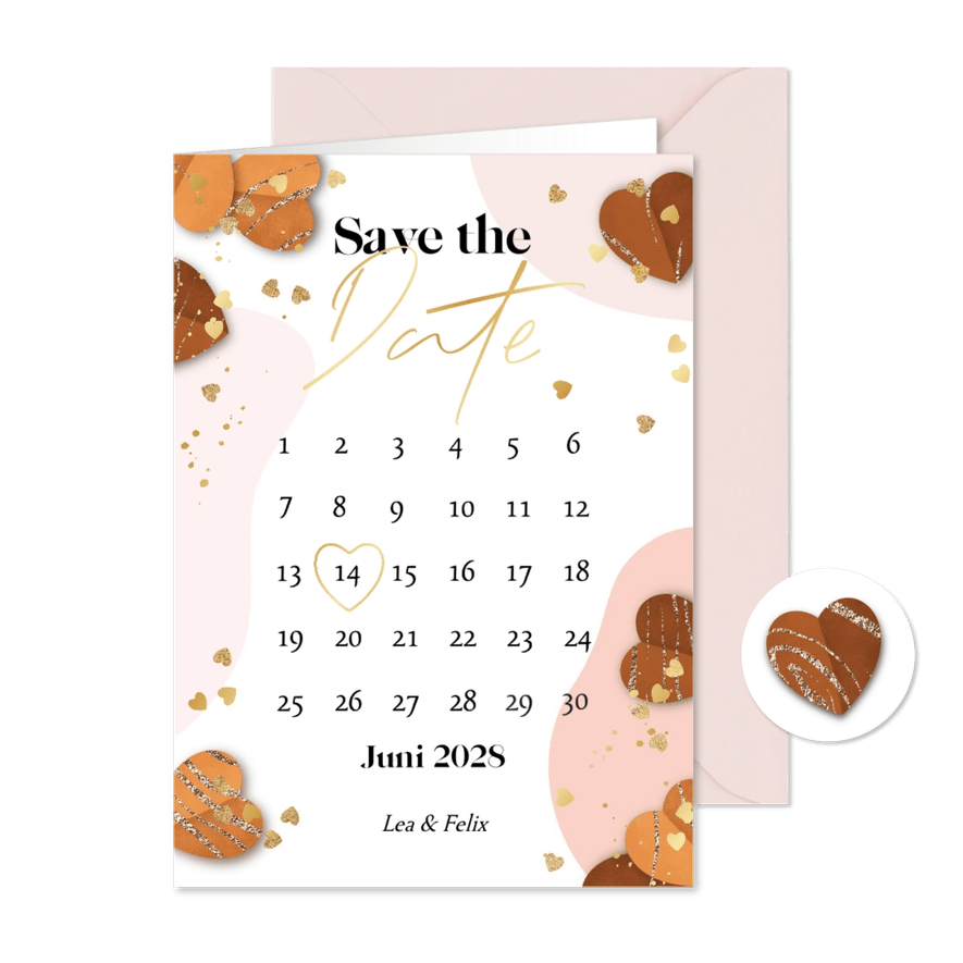 Save-the-Date-Karte Kalender Herzchen Goldstreifen - Karteneindruck