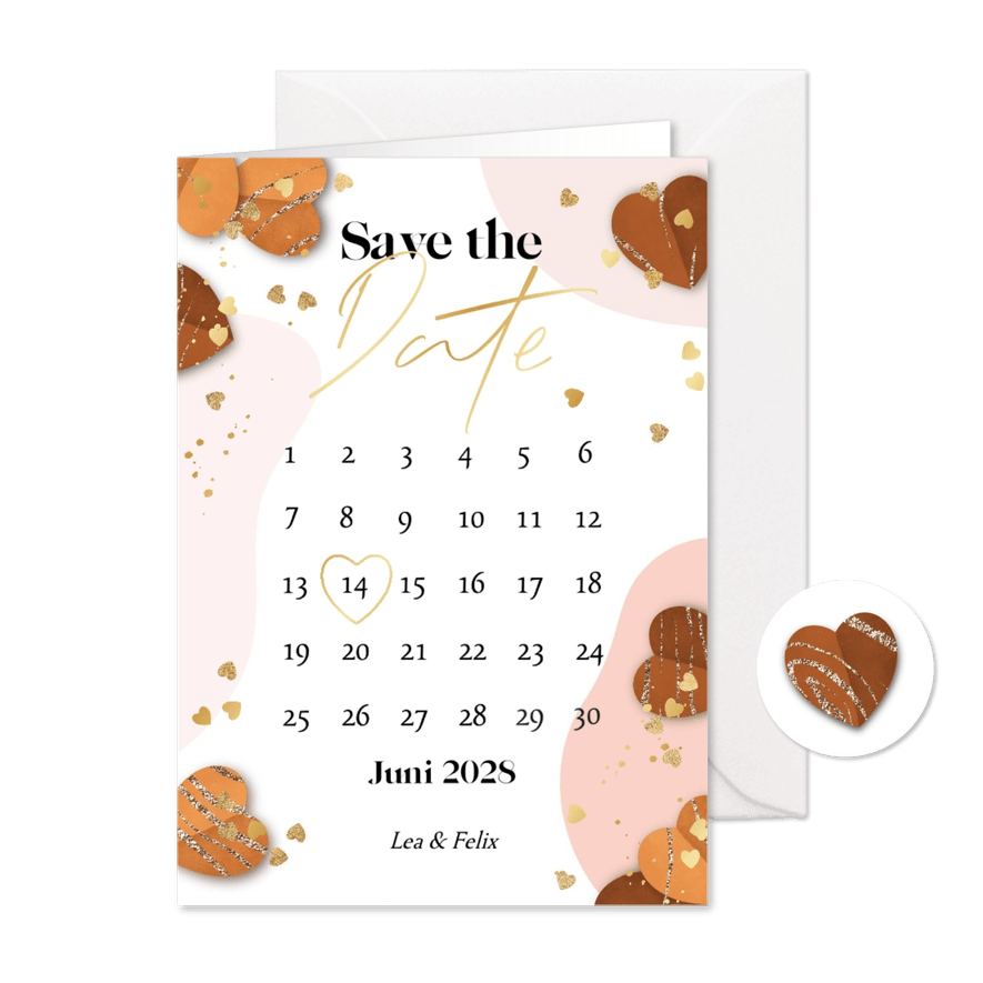 Save-the-Date-Karte Kalender Herzchen Goldstreifen - Karteneindruck
