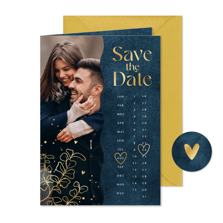 Save-The-Date-Karte Kalender Hochzeitstermin Goldblätter - Karteneindruck
