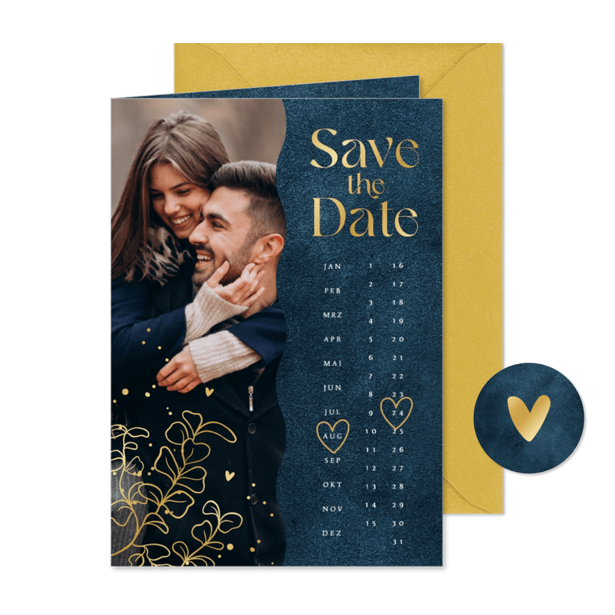 Save-The-Date-Karte Kalender Hochzeitstermin Goldblätter - Karteneindruck
