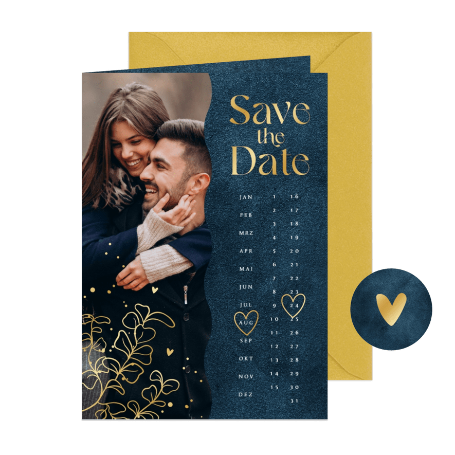 Save-The-Date-Karte Kalender Hochzeitstermin Goldblätter - Karteneindruck
