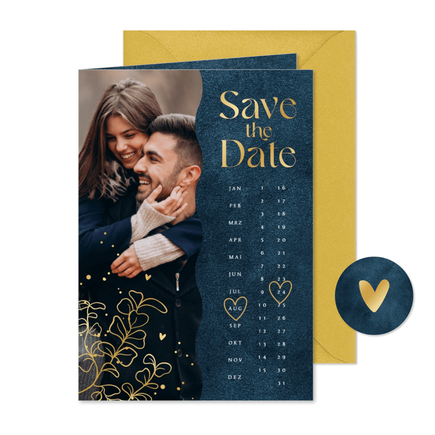 Save-The-Date-Karte Kalender Hochzeitstermin Goldblätter - Kartenvorschau