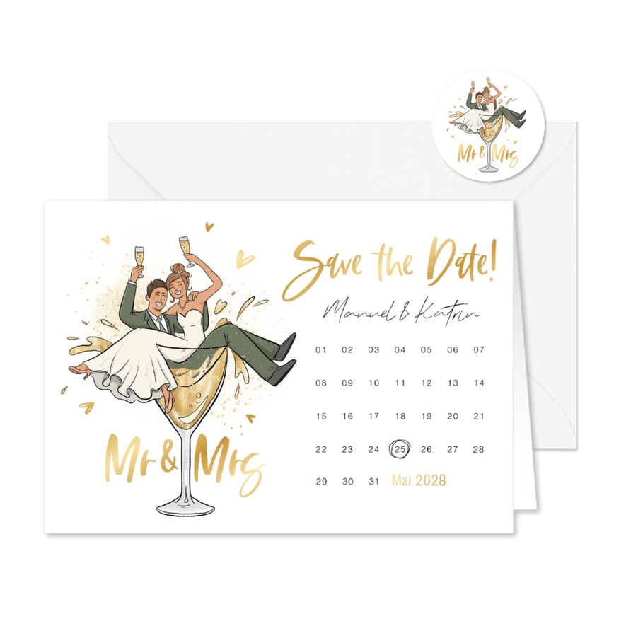 Save-the-Date-Karte Kalender lustiges Brautpaar in Glas - Kartenvorschau