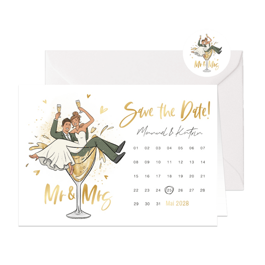 Save-the-Date-Karte Kalender lustiges Brautpaar in Glas - Karteneindruck
