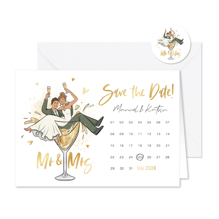 Save-the-Date-Karte Kalender lustiges Brautpaar in Glas - Karteneindruck