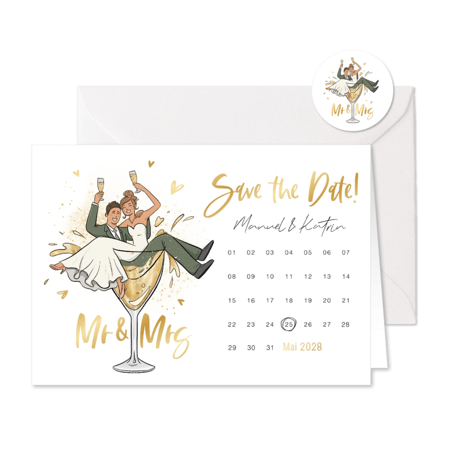 Save-the-Date-Karte Kalender lustiges Brautpaar in Glas - Karteneindruck
