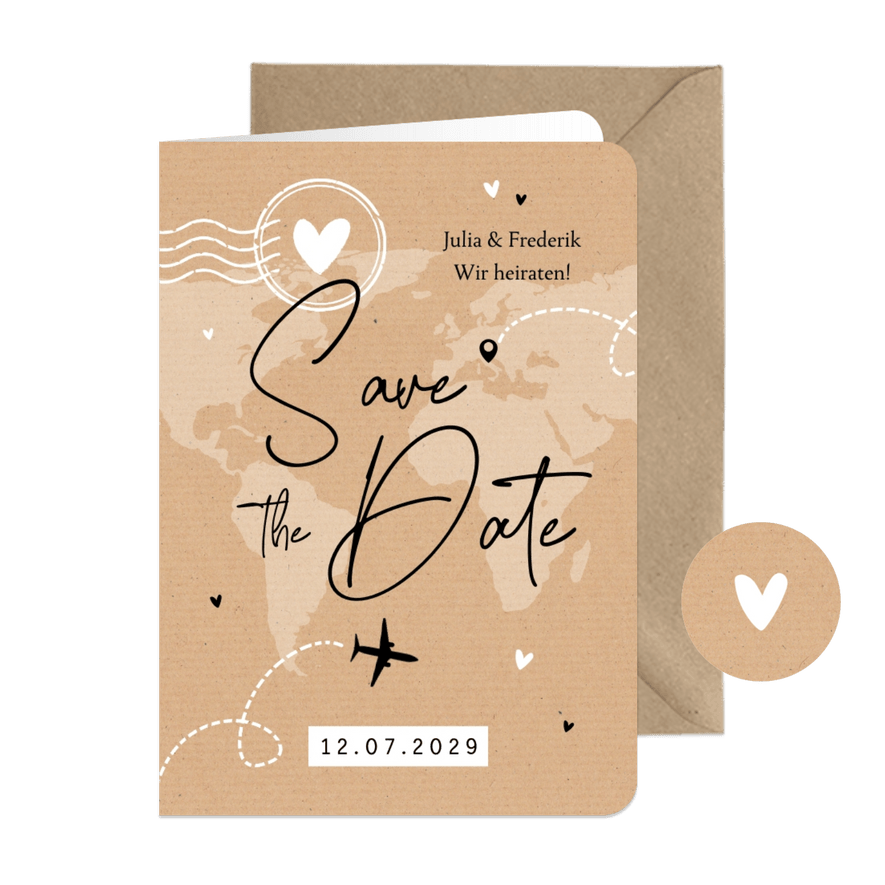 Save-the-Date-Karte Kraftpapier Weltreise - Karteneindruck
