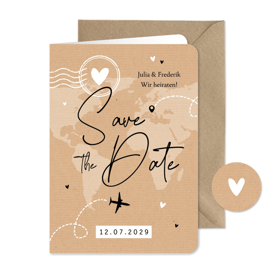 Save-the-Date-Karte Kraftpapier Weltreise - Karteneindruck
