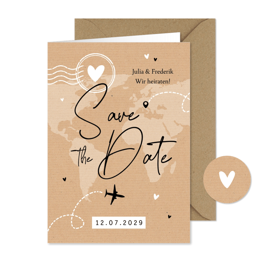 Save-the-Date-Karte Kraftpapier Weltreise - Karteneindruck