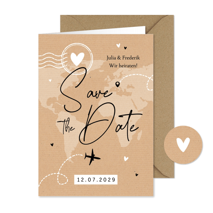 Save-the-Date-Karte Kraftpapier Weltreise - Karteneindruck
