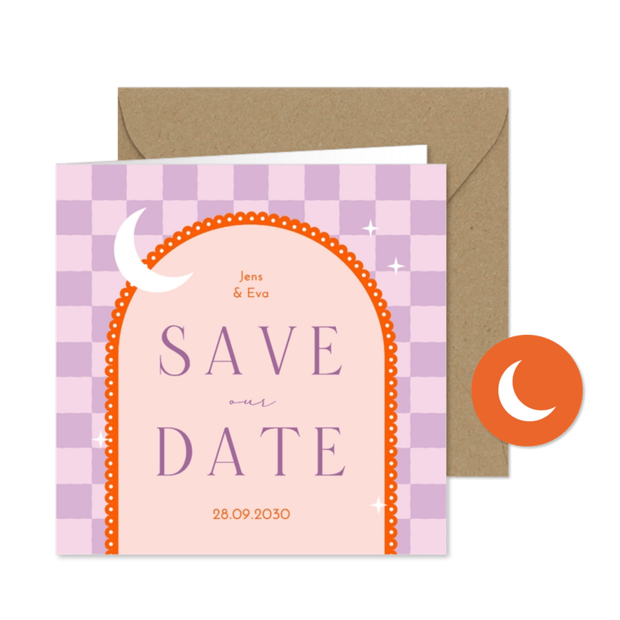 Save the Date Karte Lila Kariert mit Bogen - Karteneindruck

