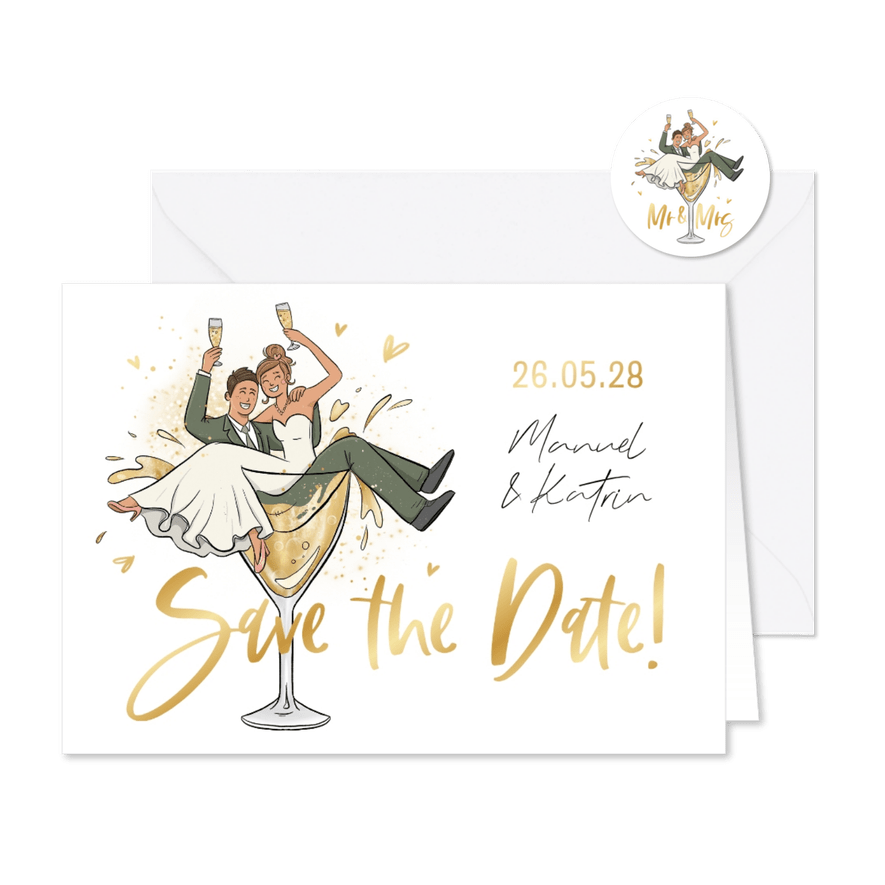 Save-the-Date-Karte lustiges Brautpaar in Glas - Kartenvorschau