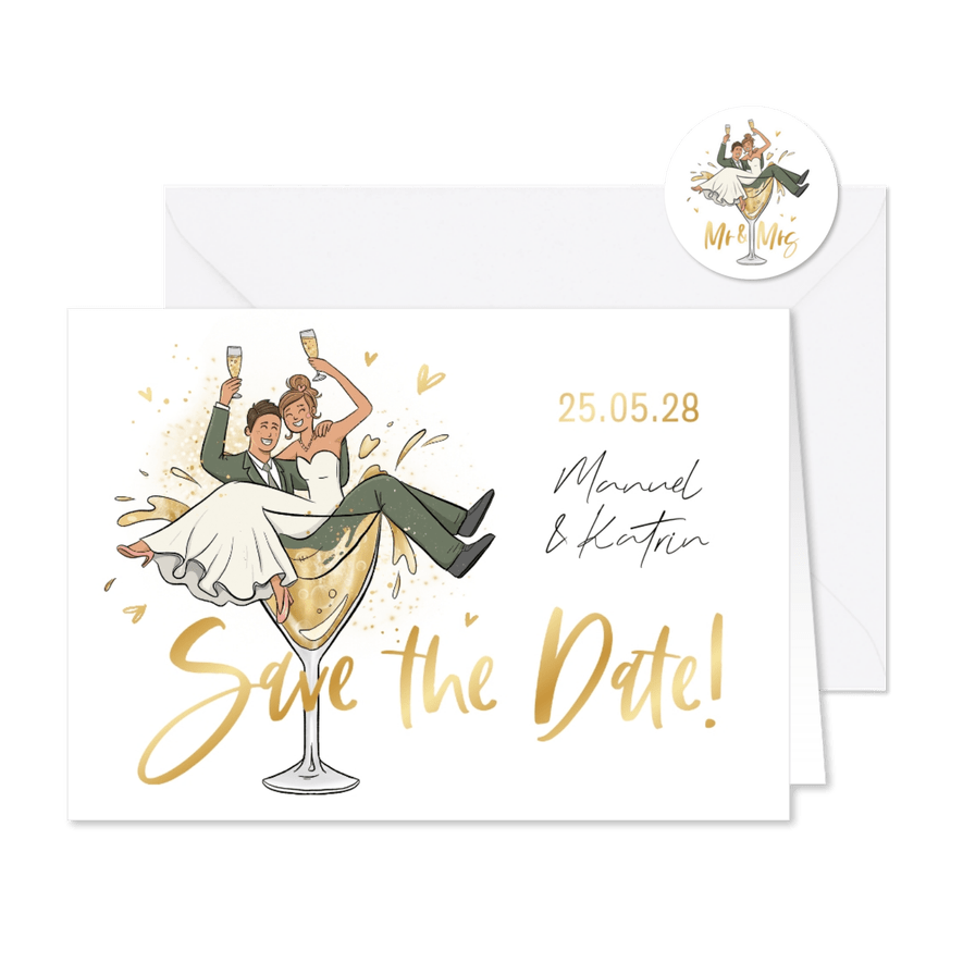 Save-the-Date-Karte lustiges Brautpaar in Glas - Karteneindruck