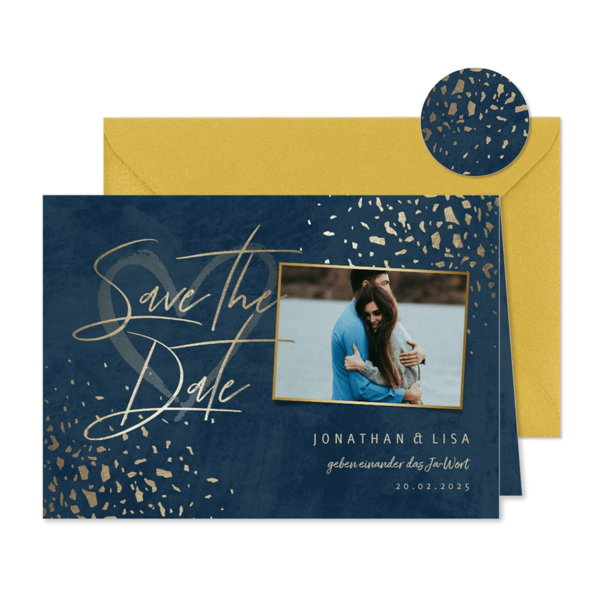 Save-the-Date-Karte mit Foto dunkelblau mit Goldschnipseln - Karteneindruck
