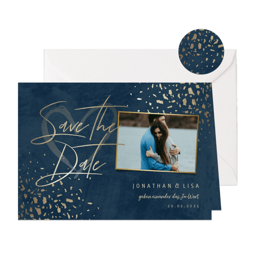 Save-the-Date-Karte mit Foto dunkelblau mit Goldschnipseln - Karteneindruck
