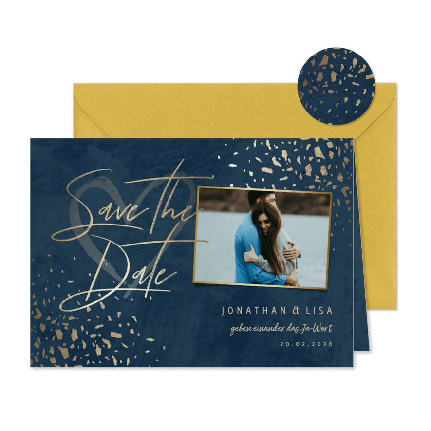 Save-the-Date-Karte mit Foto dunkelblau mit Goldschnipseln - Karteneindruck
