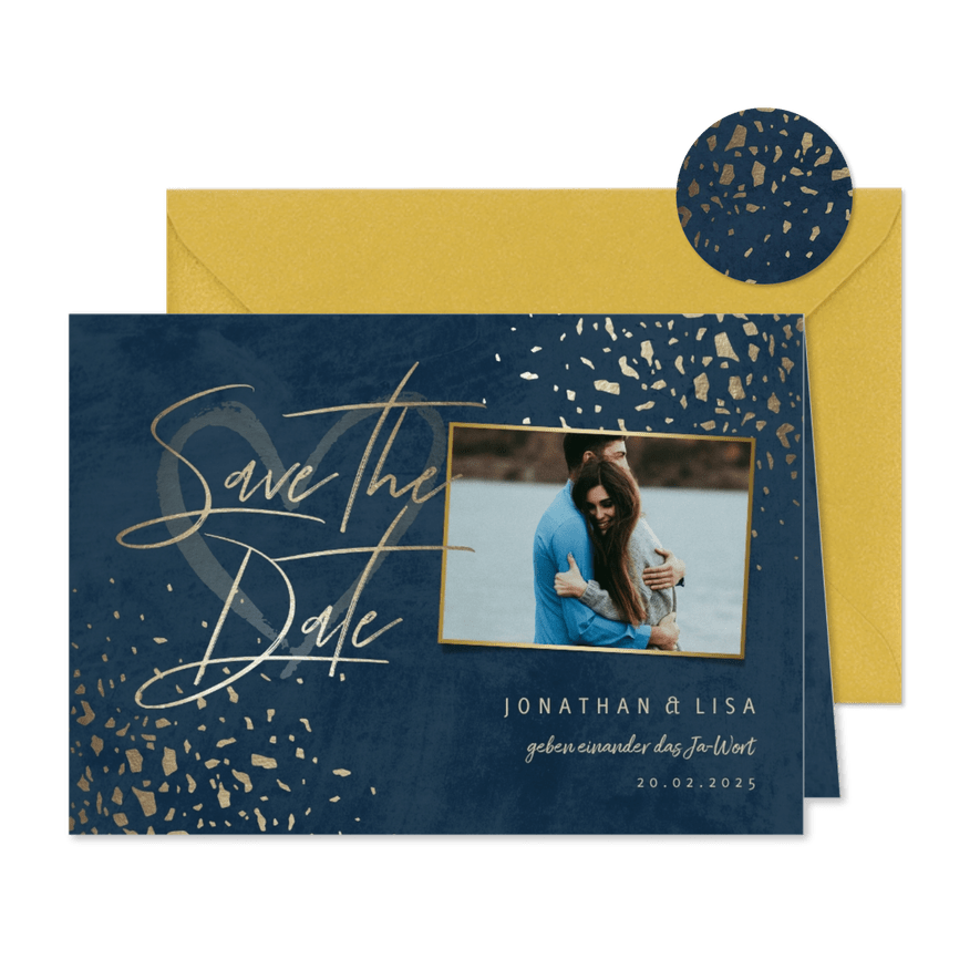 Save-the-Date-Karte mit Foto dunkelblau mit Goldschnipseln - Karteneindruck