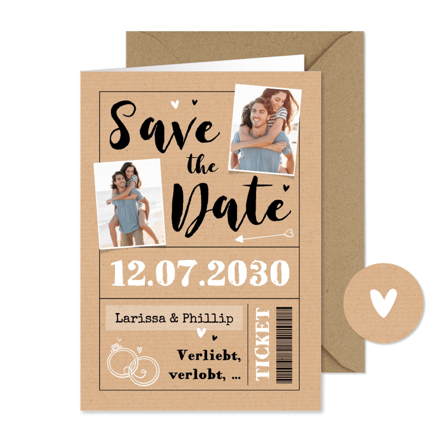 Save-the-Date-Karte mit Fotos Ticket Kraftpapier - Karteneindruck