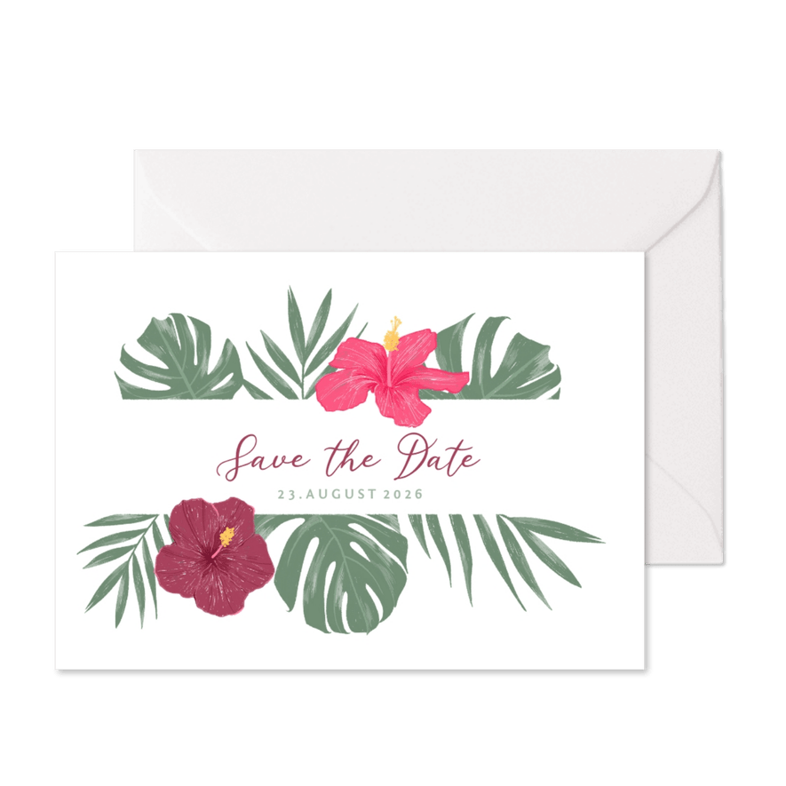 Save-the-Date-Karte mit Hibiskus - Karteneindruck
