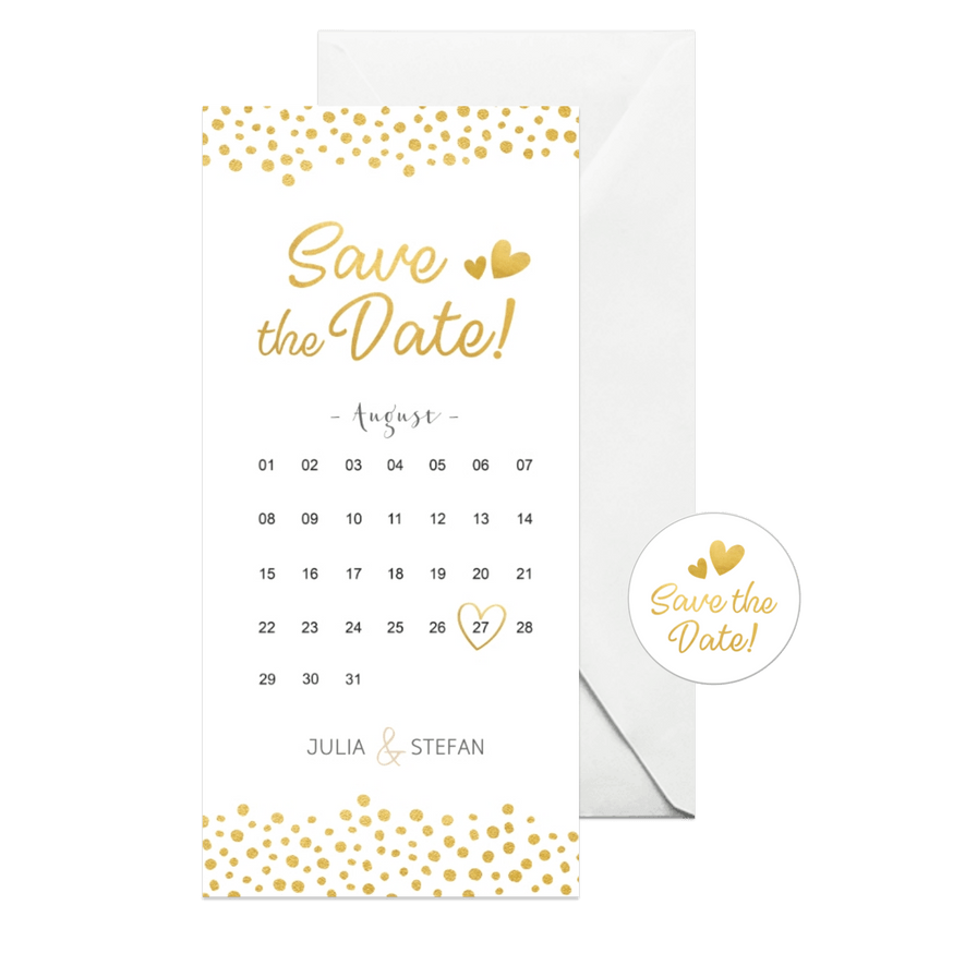 Save-the-Date-Karte mit Kalender und goldenen Herzen - Karteneindruck
