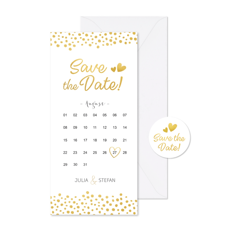 Save-the-Date-Karte mit Kalender und goldenen Herzen - Karteneindruck
