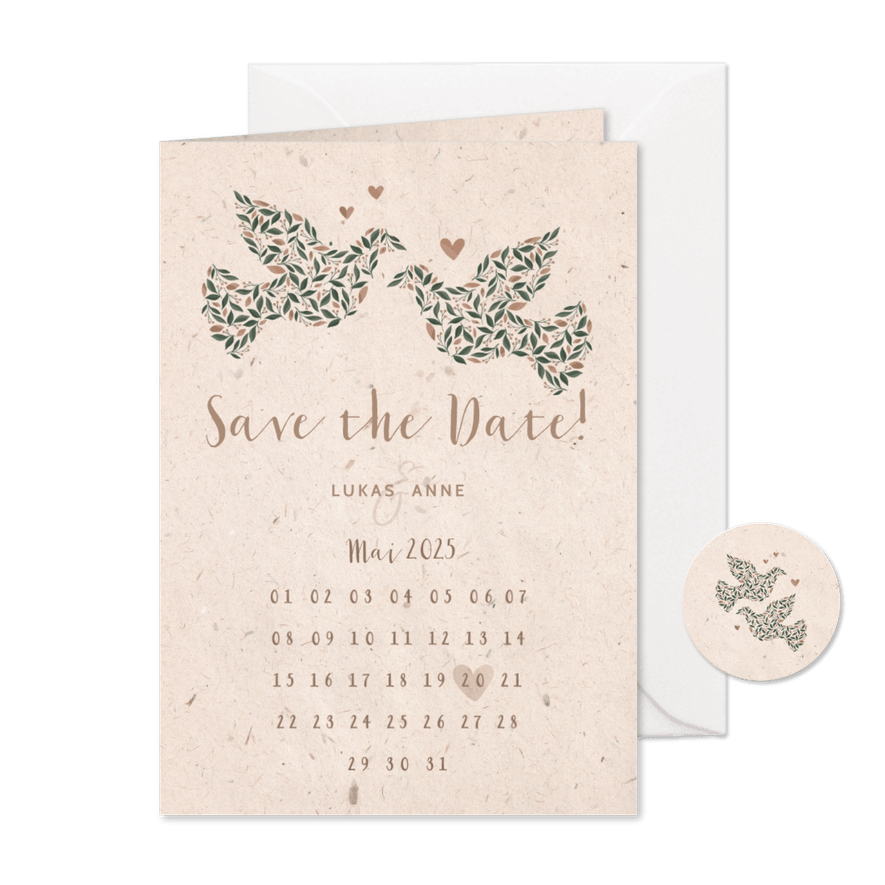 Save-the-Date-Karte mit Tauben & Kalender natürlicher Look - Karteneindruck
